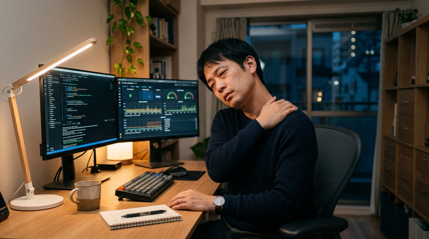 長時間のデスクワークで肩を抑えるITワーカーのイメージ