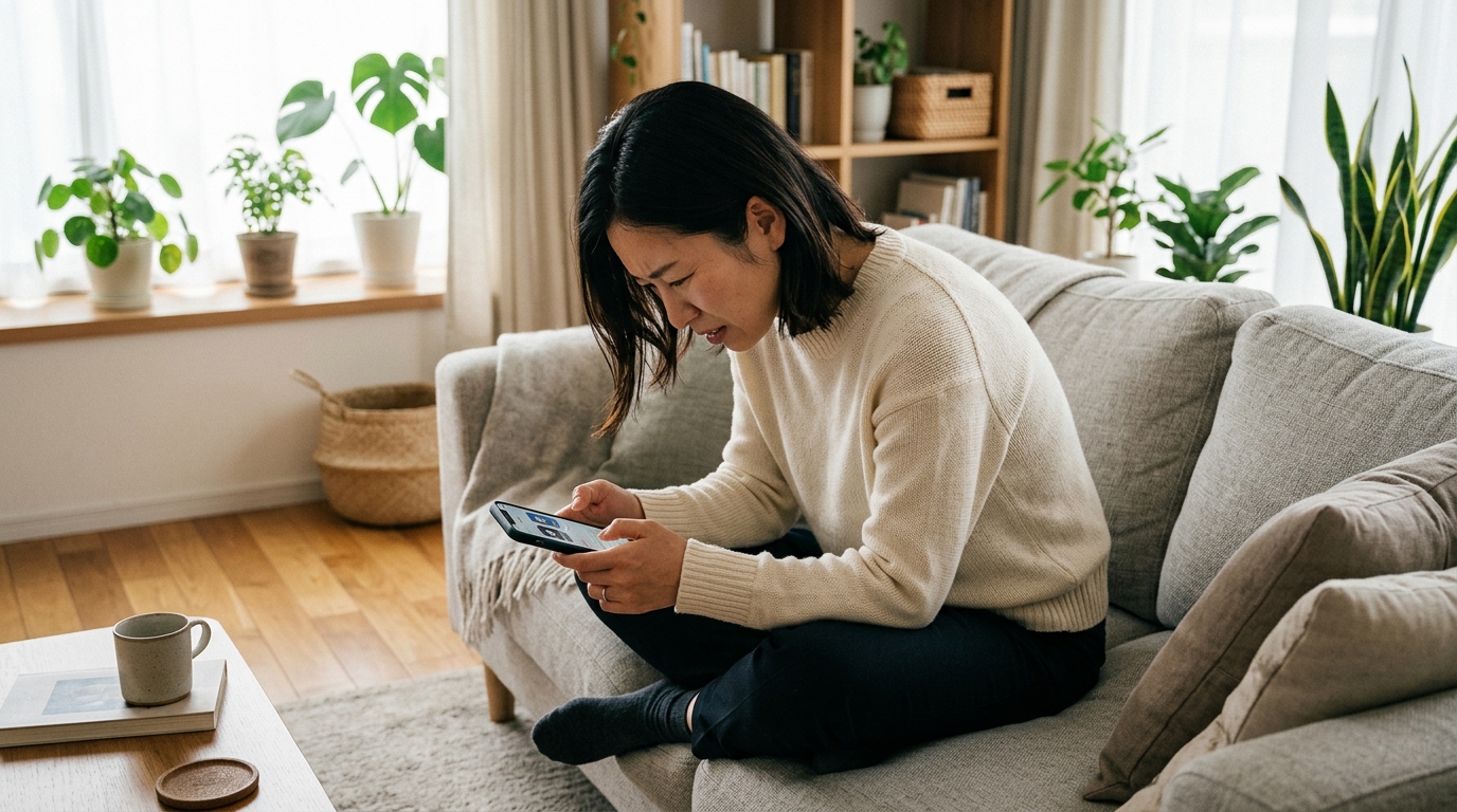 リビングのソファでスマートフォンを長時間見つめる女性 - 現代のデジタル疲労