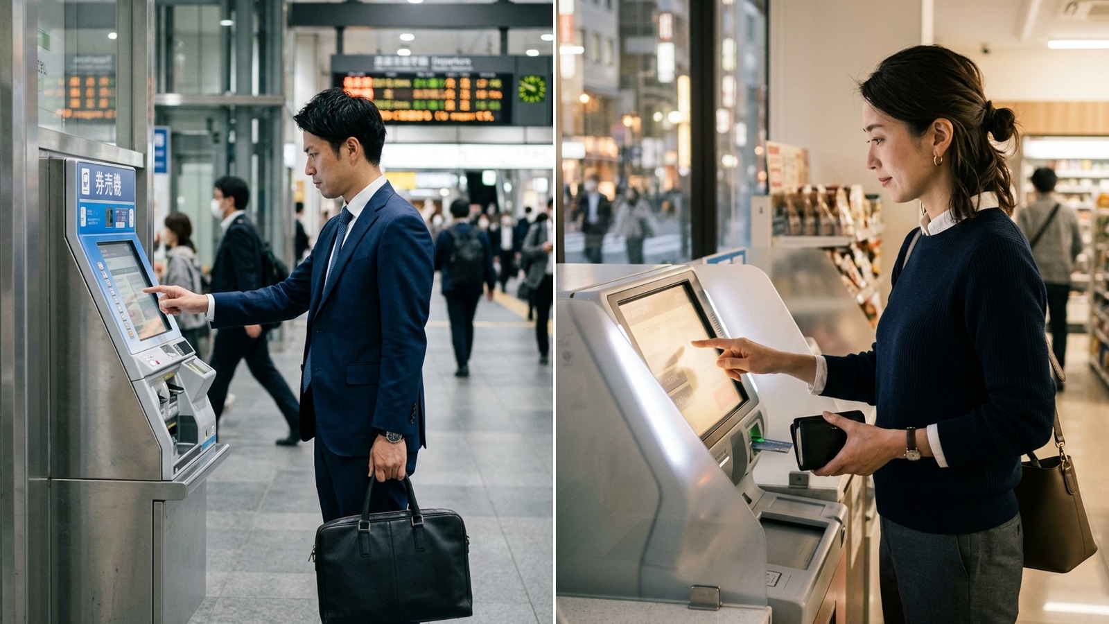駅の券売機で切符を買うサラリーマンと、ATMで現金を引き出す女性 - 日常に溶け込むデジタル接点
