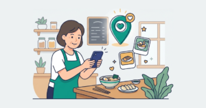 店主がスマートフォンで料理を撮影し、地図ピンや写真カードとともにお店の最新情報を投稿しているイラスト。