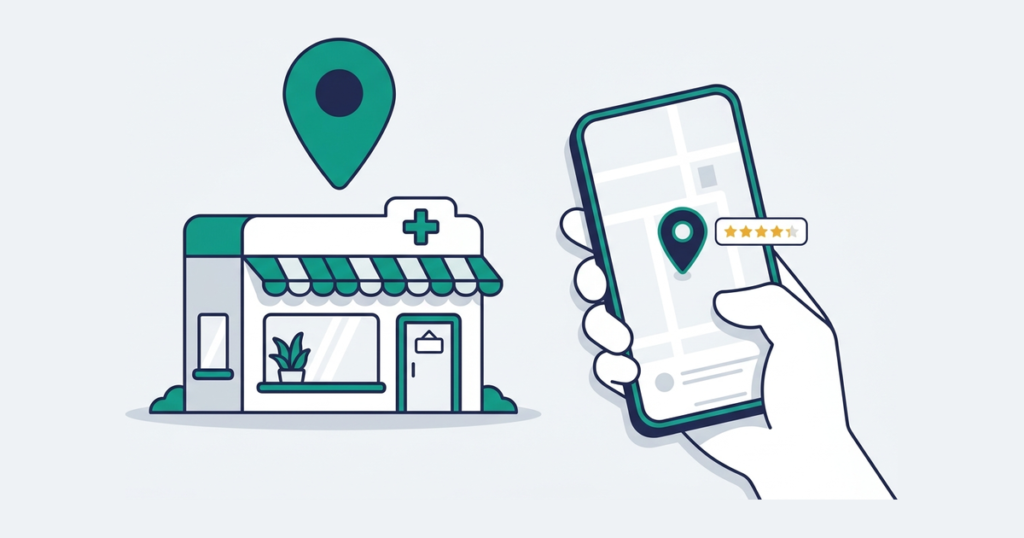 クリニックの店頭に地図ピンが立ち、スマートフォンの地図で口コミの星とともに表示されているイラスト。