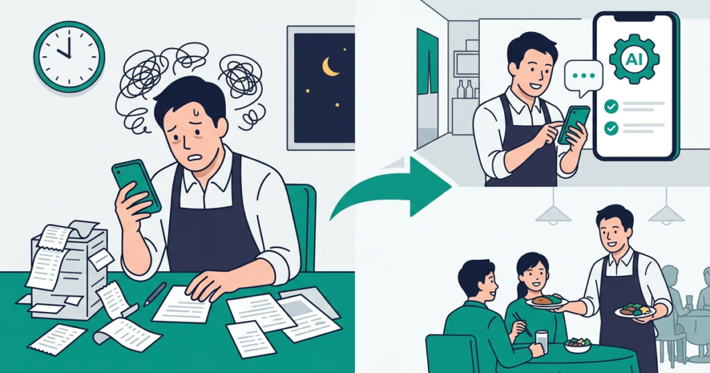 飲食店の集客:手作業とcoremeoを使う場合の比較イラスト