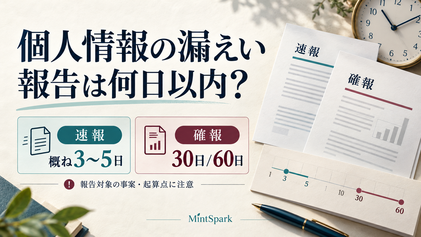 個人情報の漏えい報告の期限。速報は概ね3〜5日、確報は30日以内、不正目的の行為による事案では60日以内。報告対象と起算点に注意。